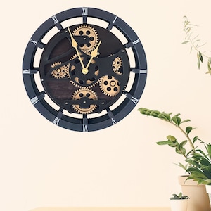 May include: Black clock with Roman numeral markings and a steampunk design featuring gears and cogs. The clock face is made of wood and has a distressed look.