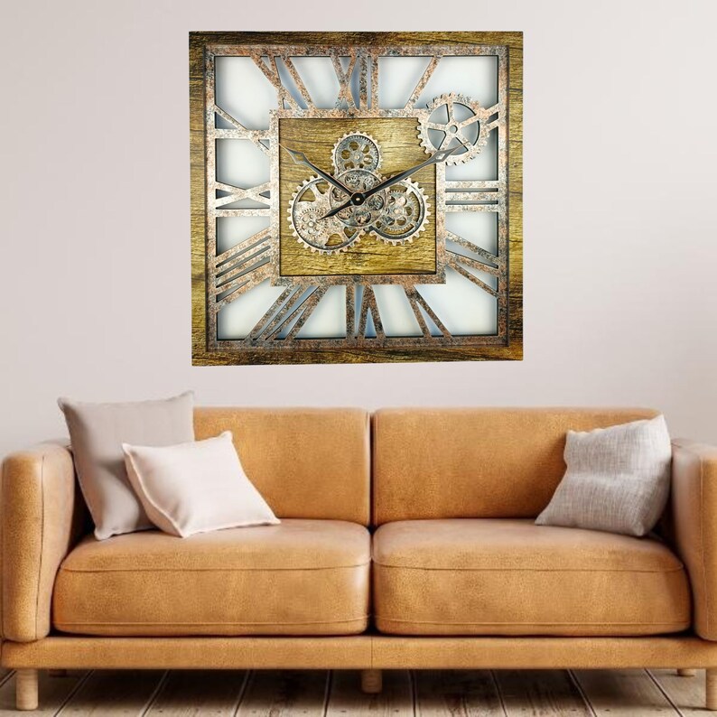 America Line Wall Clock 24 Inches Square With Real Moving Gears Gold ...