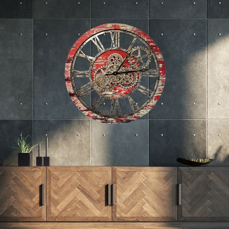 Wall Clock 24 Inches With Real Moving Gears Red Lava Etsy