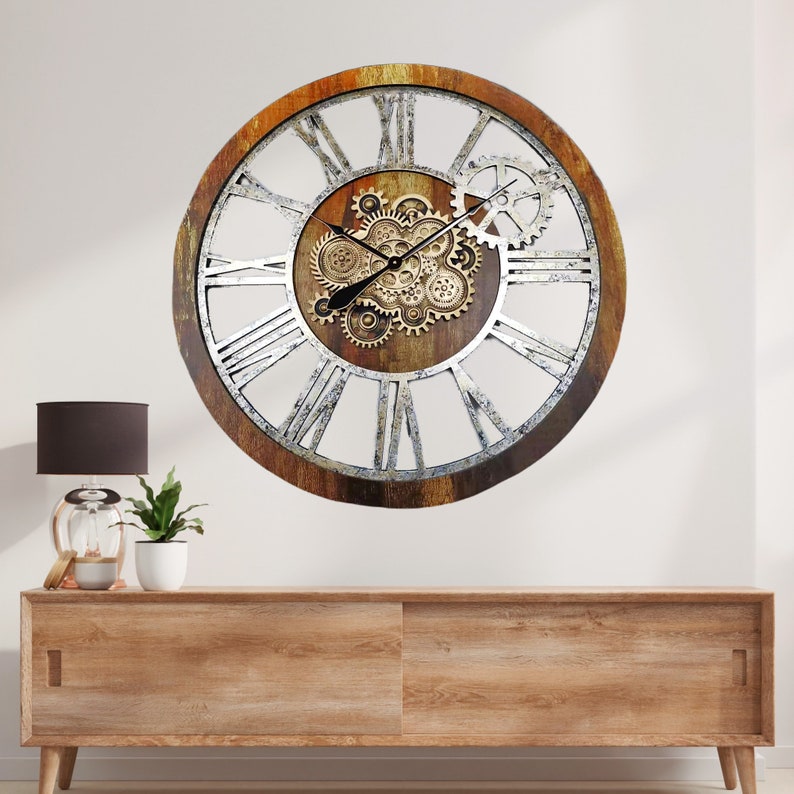 Wall Clock 36 Inches With Real Moving Gears Vintage Brown Etsy