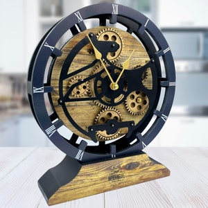 Desk Clock 10 Inches with Real Moving Gear convertible into Wall clock (Hybrid) Gold Antique