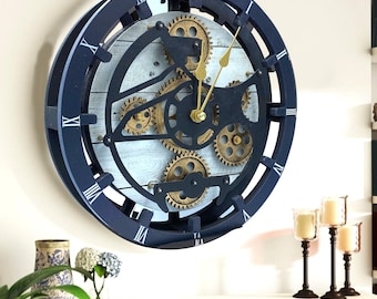 Wall Clock 17 Inches with Real Moving Gear convertible into Desk clock (Hybrid) White Farmhouse