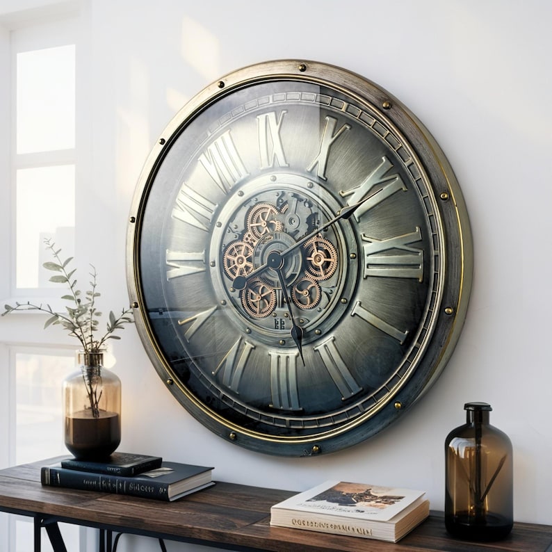 May include: Large, round wall clock with a steampunk design. The clock features a metallic gray face with visible gears and Roman numerals. The clock is framed in a bronze-colored metal and has a glass cover. The clock is mounted on a white wall.