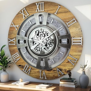 England Line Wall clock 24 inches with real moving gears Wood and Stone