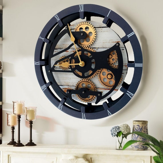 【掛時計】Decorative Wall Clock ウォールクロック Gear Wall Clock 17 Inches With Real Moving Gear Convertible Into Desk