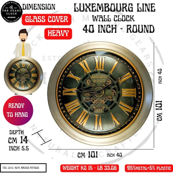 Luxembourg Line Wall Clock 40 Inches With Real Moving Gears Bronze