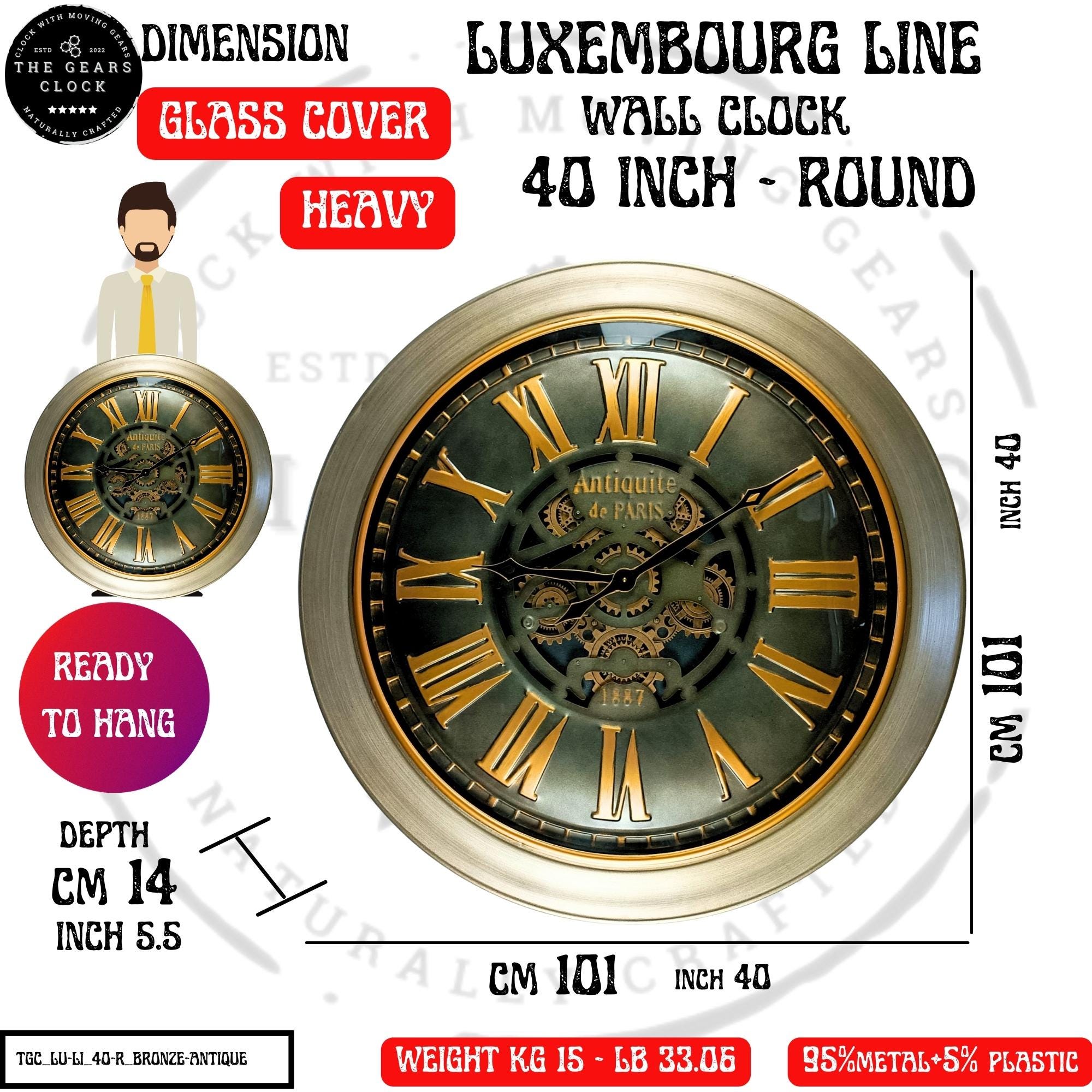 Luxembourg Line Wall Clock 40 Inches With Real Moving Gears Bronze