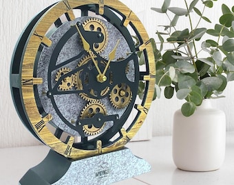 Desk Clock 10 Inches with Real Moving Gear convertible into Wall clock (Hybrid) Wood and Stone