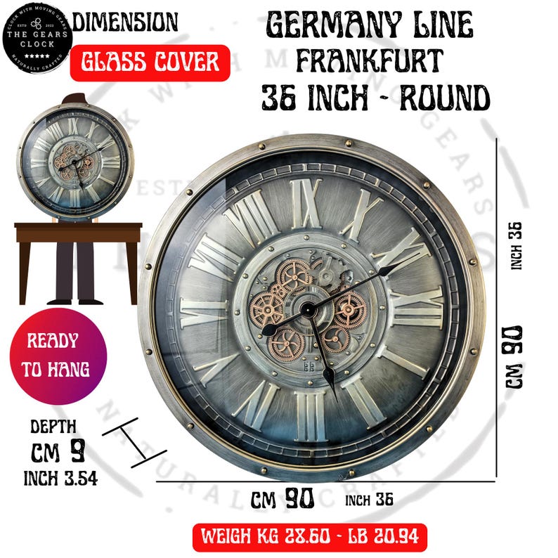 May include: A round, silver-toned wall clock with Roman numerals and visible gears. The clock face is 36 inches in diameter and 3.54 inches deep. The clock is ready to hang.