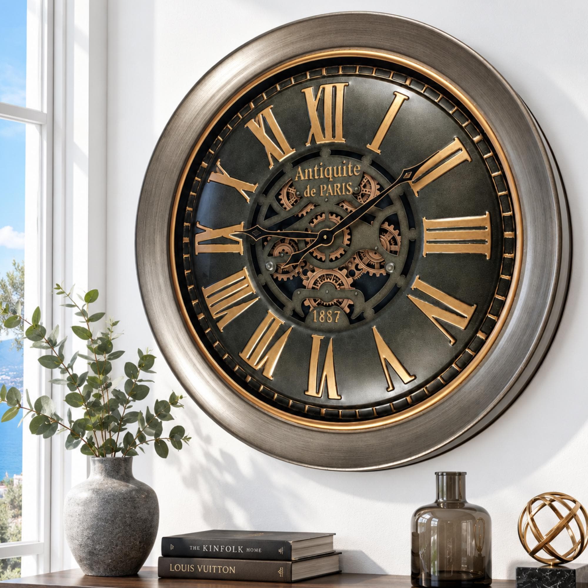 Luxembourg Line Wall Clock 40 Inches With Real Moving Gears Bronze