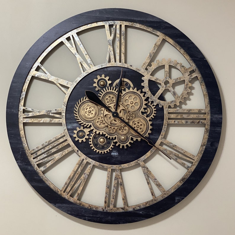 Wall Clock 36 Inches With Real Moving Gears Vintage Black Etsy