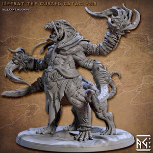 May include: A grey, detailed miniature figurine of a monstrous creature with a hooded head, four arms, and a feline body. The creature is holding two curved blades and has a menacing expression.