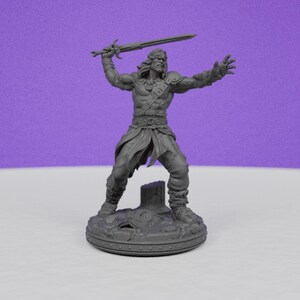 May include: A gray figurine of a muscular warrior holding a sword aloft. The figure is posed dynamically, with long hair and detailed armor. The base is circular with a textured design, set against a purple backdrop.
