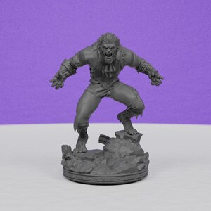 May include: A gray werewolf figurine in a dynamic pose, standing on a rocky base. The figure has detailed fur, a snarling expression, and wears tattered clothing. The base is round with a decorative edge, set against a purple backdrop.