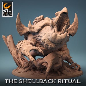 May include: A detailed, 3D printed miniature of a monstrous creature with a shell-like exterior, sharp claws, and an open mouth, titled "The Shellback Ritual".