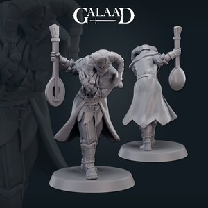May include: A gray 3D printed miniature of a jester figure holding a lute. The jester is wearing a jester's hat with bells and a long coat. The figure is standing on a round base.