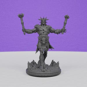 May include: A gray figurine of a warrior with spiky armor, holding two spiked clubs. The figure stands on a detailed base with a rocky texture, set against a purple background. The warrior has a stern expression.
