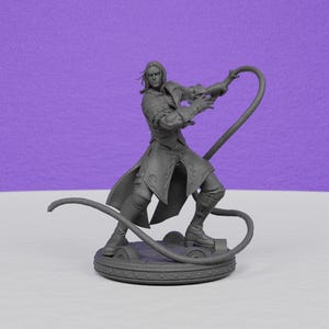 May include: A gray figurine of a man in a long coat, holding a whip. The figure is standing on a circular base with a detailed design. The background is a solid purple color.