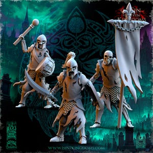 May include: Three skeletal figures in armour, holding weapons and a banner. The figures are in a battle-ready pose, with one holding a mace, another a sword and shield, and the third a banner. The background features a dark, gothic design.