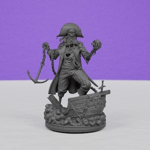 May include: A gray pirate figurine holding an anchor and a skull, standing on a small boat. The pirate wears a tricorn hat, long coat, and striped pants. The boat is weathered, and the base is detailed with waves.