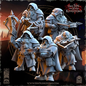 May include: Five grey plastic miniature figures of dwarves wearing hooded cloaks and holding crossbows. The figures are posed in various action stances. The figures are part of a tabletop game called "One Sin for Seven Kingdoms".