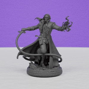 May include: A gray figurine of a character with long hair, a long coat, and a whip in one hand and a fiery energy in the other. The figure stands on a detailed circular base with a rocky texture.