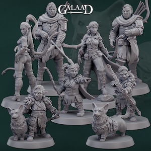 May include: A set of eight miniature figurines, including elves, dwarves, and a dog, all painted in a grey colour. The figurines are posed in various action poses, holding bows and arrows. The figurines are all standing on a green background.
