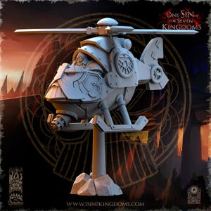 May include: A grey, detailed miniature of a steampunk-style helicopter with a pilot figure in the cockpit. The helicopter has a large, round body with a propeller on top and a small, detailed engine on the side. The miniature is mounted on a stand and is ready to be painted.