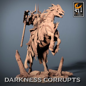 May include: A detailed miniature figurine of a skeletal knight riding a skeletal horse. The knight is wearing armor and wielding a large axe. The horse is rearing up on its hind legs. The base of the figurine is textured and includes the words "Darkness Corrupts".