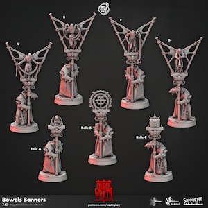 May include: Five 3D printed miniature figures of hooded figures holding banners with different designs. The banners feature a winged creature with chains and a skull. The figures are labeled A, B, C, D, and Relic B. The figures are on a gray background. The text "Bowels Banners" and "Church Wrath" is visible in the image.