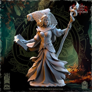 May include: A gray painted miniature figurine of a female elf wizard wearing a flowing robe and holding a book and a staff. The elf has a crown on her head and a bird perched on her shoulder. The miniature is set against a dark green and brown background.