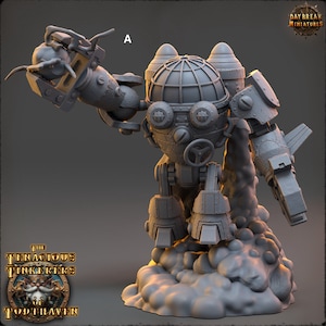 May include: A grey, detailed, 3D printed miniature of a steampunk robot with a large, round head and a claw-like hand. The robot is standing on a cloud-like base. The text "The Tenacious Tinkers of Tophaven" is visible in the bottom left corner.