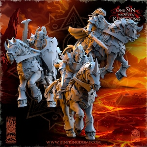 May include: Three gray plastic miniature figures of knights on horseback, each with a different pose and armor. The knights are holding swords and shields. The background is a fiery orange and red landscape with the text "One Sin for Seven Kingdoms".