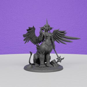 May include: A grey figurine of a sphinx-like creature with a woman's upper body, wings, and a spear. The figure is standing on a round base. The background is a solid purple colour.