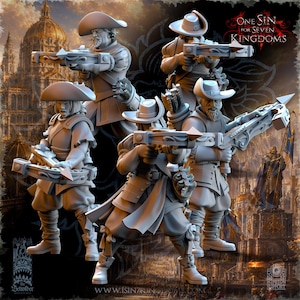 May include: A set of five grey miniature figurines depicting characters in wide-brimmed hats and period clothing, each holding a crossbow. The figures are arranged in a group, with some carrying quivers of arrows. The text One Sin for Seven Kingdoms is visible.