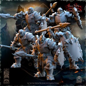 May include: Five grey plastic miniature figures of orcs wearing armour and holding weapons. The orcs are standing on a dark background with the text "One Sin for Seven Kingdoms" in the top right corner.