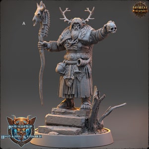 May include: A gray plastic miniature figurine of a bearded man wearing a fur cloak and holding a staff with a skull on top. The man is wearing a horned helmet and has a skull in his other hand. The figurine is standing on a stone base.