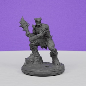 May include: A gray, 3D-printed fantasy miniature of a horned humanoid figure holding a spiked club. The figure is muscular and stands on a rocky base atop a circular platform. The miniature is detailed and suitable for tabletop gaming.