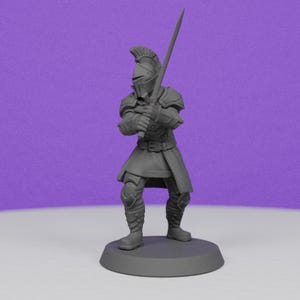 May include: A gray plastic miniature figurine of a knight wearing armor and holding a sword. The knight is standing on a round base.