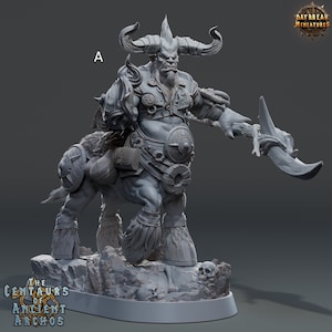 May include: A gray, detailed miniature of a centaur warrior with horns, a beard, and a large sword. The figure is standing on a rocky base with skulls.