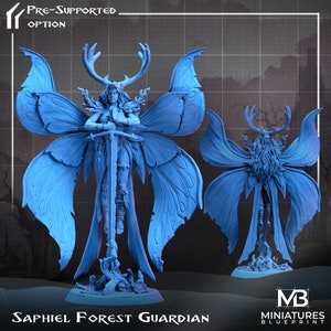 May include: A blue 3D printed miniature of a forest guardian with large butterfly wings and antlers. The guardian is holding a sword and is standing on a tree stump. The miniature is pre-supported and is part of the Saphiel Forest Guardian collection.