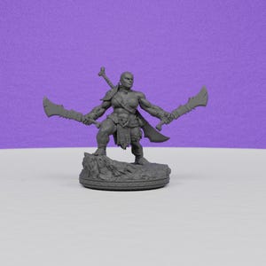 May include: A gray figurine of a muscular warrior woman holding two large curved swords. The figure stands on a rocky base, with a bone-shaped detail on her back. The background is a solid purple.