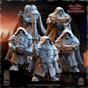 May include: Five grey 3D printed miniature figures of dwarves wearing hooded cloaks and holding rifles. The figures are posed in various action stances. The figures are from the game "One Sin for Seven Kingdoms".