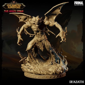 May include: A detailed, gray, sculpted figurine of a demon with wings, standing on a base of sculpted flames. The demon has sharp teeth and claws, and is holding a sword in its right hand. The figurine is titled "Ir'Azath" and is part of the "Uncharted Kingdoms: The Mighty Stone" collection.