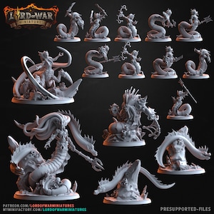 May include: A set of 3D printed miniature figures of sea creatures, including a kraken, a mermaid, and a sea serpent. The figures are posed in various dynamic positions and are ready to be painted.