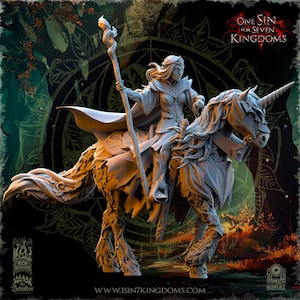 May include: A detailed, unpainted miniature of a female figure riding a unicorn, holding a staff with a flame. The figure is clad in armor and a flowing cape. The unicorn has intricate floral and leaf-like details. The background features text that reads "One Sin for Seven Kingdoms."