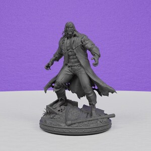 May include: A gray figurine of a menacing figure with long hair and a tattered coat, standing on a base with a scythe. The figure has a chain around its neck and is posed with an aggressive stance. The background is a solid purple.