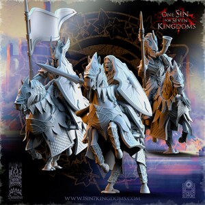 May include: Three white plastic miniature figures of knights on horseback, wearing armor and helmets. The knights are holding swords and shields. The figures are posed in a dynamic action pose. The figures are part of a tabletop game called "One Sin for Seven Kingdoms".