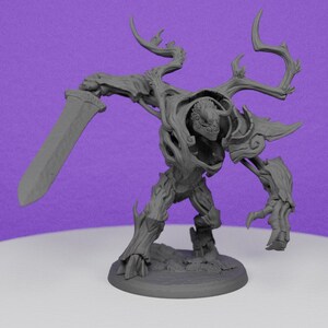 May include: A grey, detailed miniature figurine of a creature with a humanoid body, tree-like limbs, and antlers. The creature is holding a sword in its right hand.