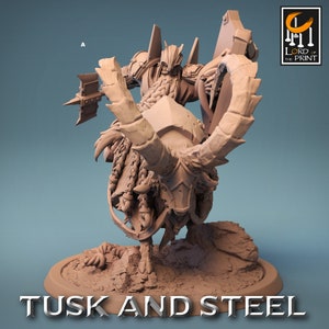 May include: A miniature figurine of a warrior riding a horned beast. The warrior is wearing armor and wielding a weapon. The beast is detailed with horns, fur, and a saddle. The figurine is painted in a light brown color. "Tusk and Steel" is written below the figurine.